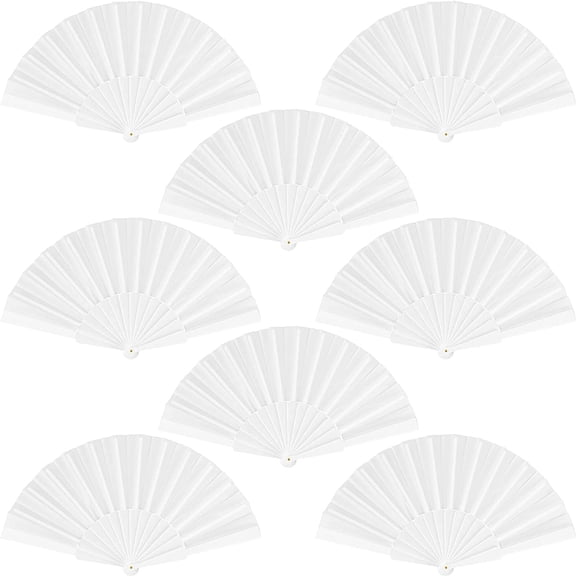 durony 8 Pieces Handheld Folding Fan Nylon Cloth Chinese Fans with Plastic Handle Decorative Folding Fans for Party, Wedding Gifts, Home Decoration, White