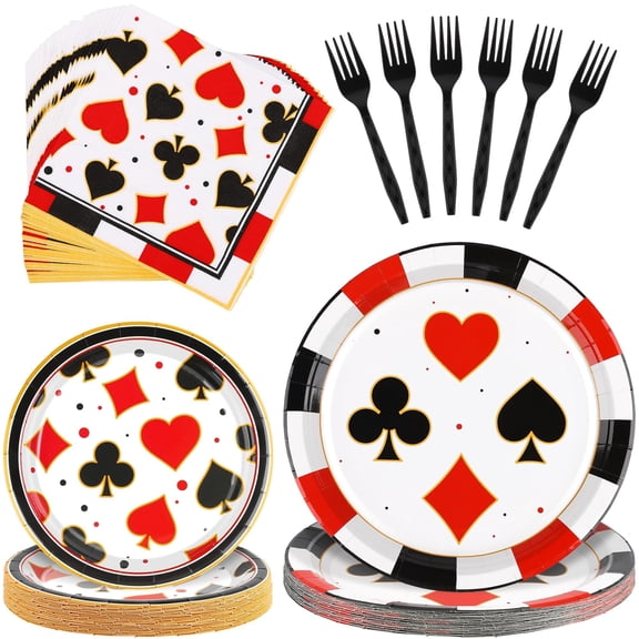 durony 96 Pieces Casino Theme Party Supplies Paper Plates and Napkins Disposable Casino Party Plates Forks Poker Club Las Vegas Birthday Party Decorations, Serve 24 Guests C113
