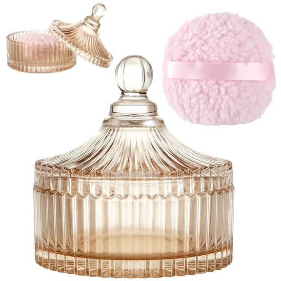 2 PCS Large Body Powder Puff with Glass Container Set, Soft Washable Puff Set for Face & Body, Reusable Puff with Ribbon Band for Makeup Glitter Application, After-Bath Care