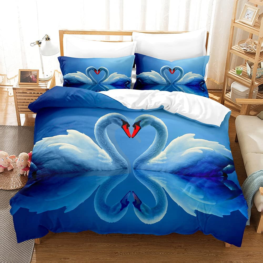 duvet cover 68" x 90" and pillowcase White swan pattern Blue