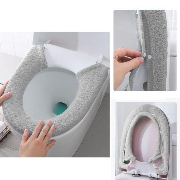 dwsnxt Soft and Warm Toilet Seat Cover with Snaps, Stretchable and Washable Fiber Cloth Pad, Reusable for Elongated and Round Toilets, Easy Installation and Cleaning, Blue Gray