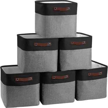 Hltsor Cube Storage Baskets 6 Pack  11x11 inch Foldable Cube Storage Bins with Leather Handles for Shelf Closet Nursery Toys (White/ Green)