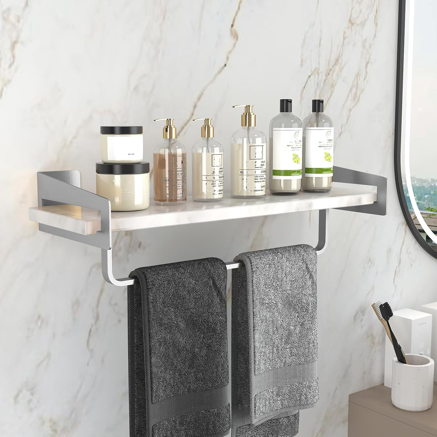 dxynlzq Marble Bathroom Shelf with Towel Bar 16" Metal Floating Shelf ...