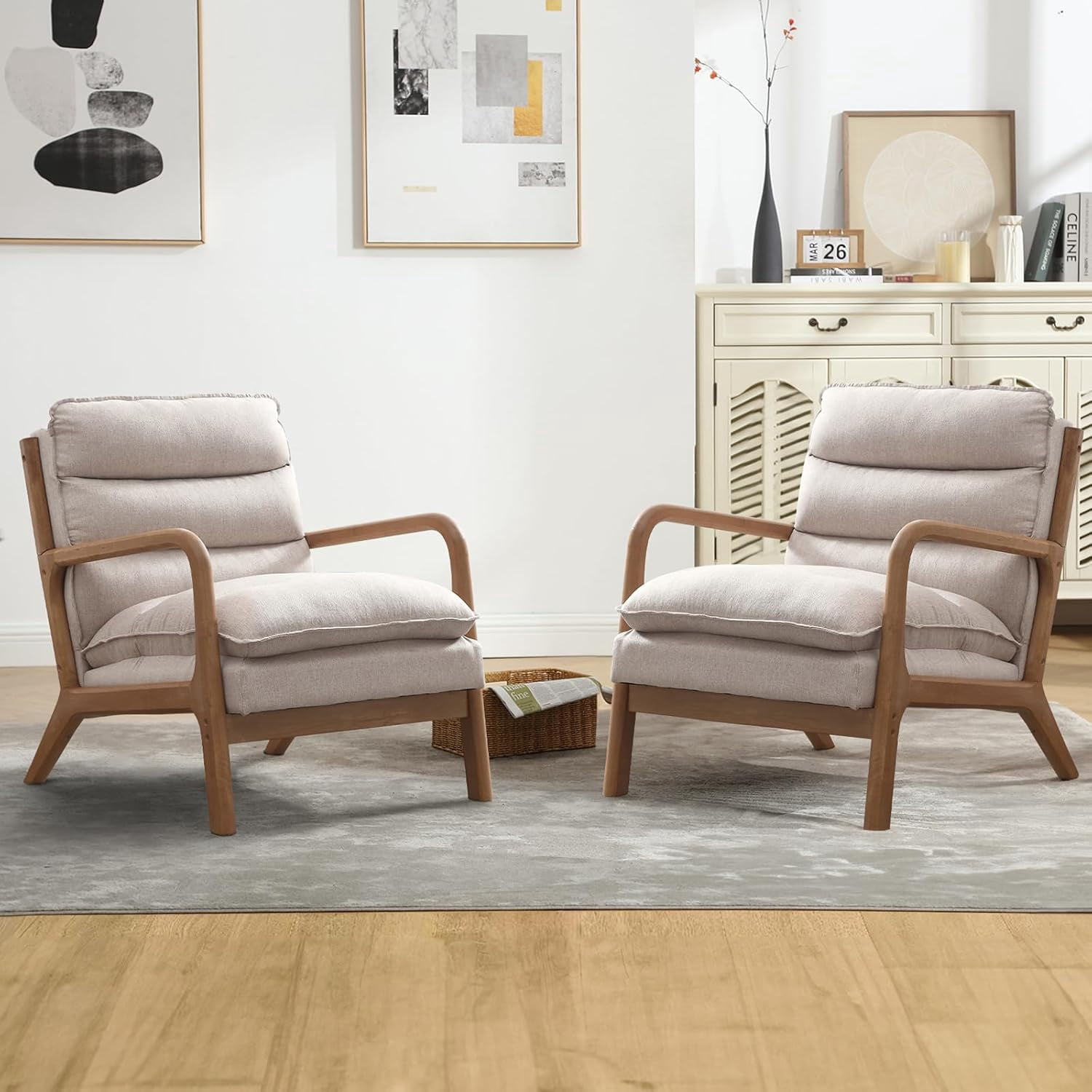 Mid Century Modern Accent Chair With Lumbar Pillow - Beige Linen Fabric, Solid Wood Frame, Reading Armchair For Living Room, Bedroom