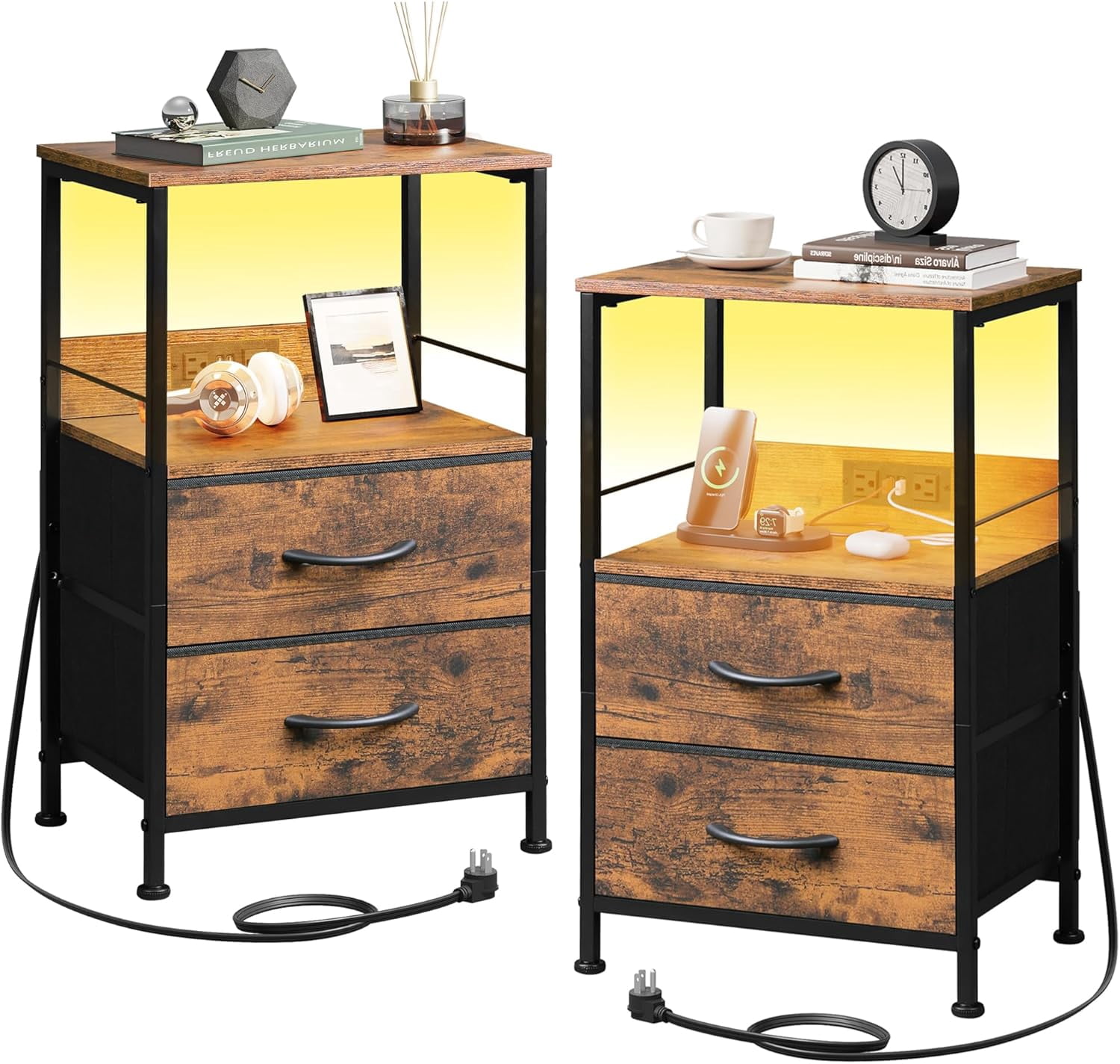dxynlzq Night Stand with Charger Station Black Nightstand with 2 Fabric ...