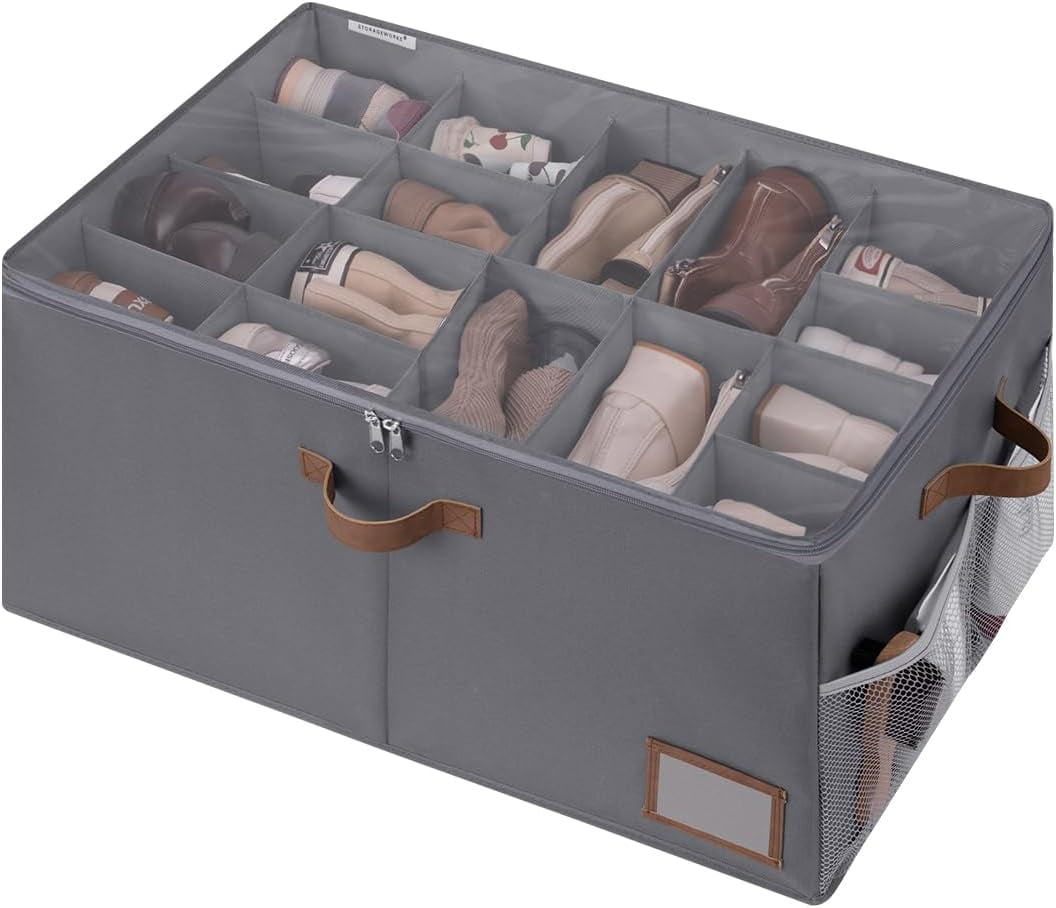 StorageWorks Shoe Organizer For Closet - Holds 24 Pairs, Adjustable Dividers, Clear Lid, Beige