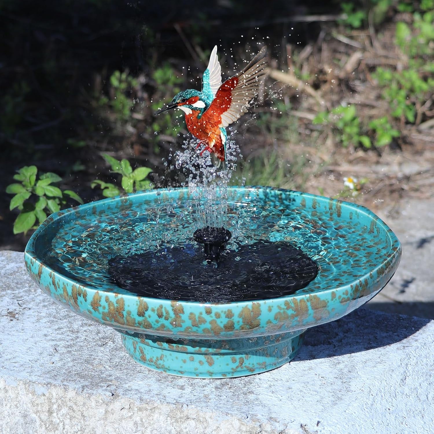 【新作】 Fontaine Birdie LuxenHome Aqua Glazed Ceramic 22-In Tall Birdbath Fountain