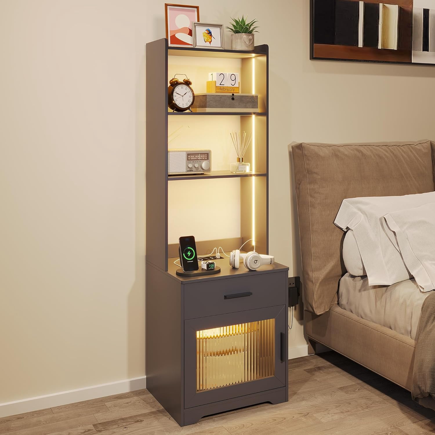 dxynlzq Tall Nightstand with Charging Station Bookshelf Nightstand with ...