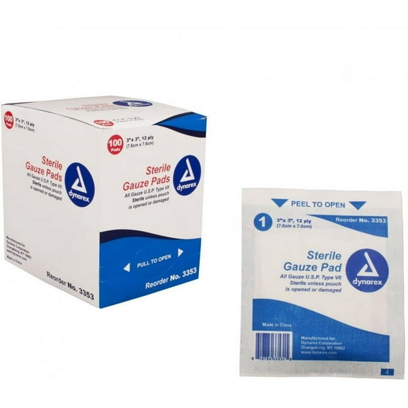 Dynarex Sterile Gauze Pads, All Gauze U.S.P. Type VII, 3 x 3 Inch, 12-Ply, Individually Wrapped, 100 Count