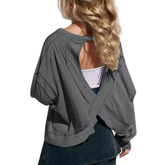 dzaeni Girls Oversized Workout Yoga Shirts Cute Preppy Long Sleeve Blouse Open Back Crop Running Crewneck Tee Tops Back to School Clothes for Teen Girls