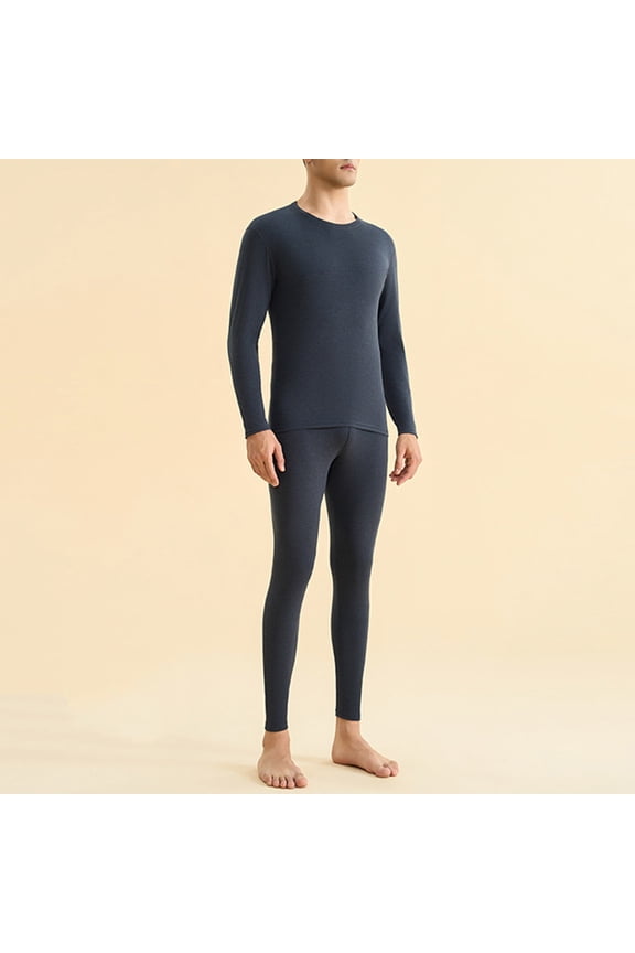 Long Johns Thermal Underwear for Mens Solid Color Double-Sided Sanding Warm Base Layers Suit Fall Winter Round Neck Shirt Bottom Top Trousers Warm Underwear Set -Dark Gray