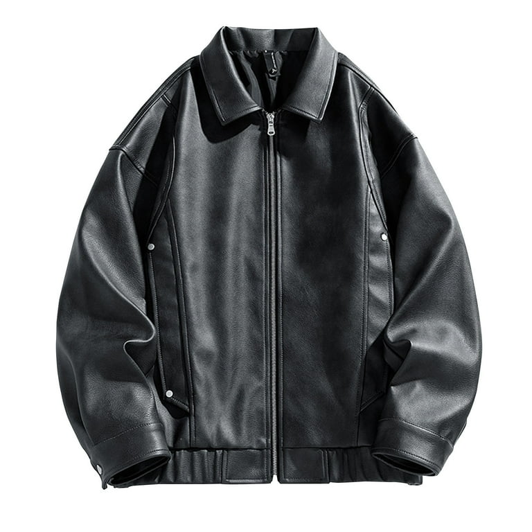 【YOOU】　Over leather blouson【Black】 dzxyzu Men Leather Jacket, Faux Bomber Jacket Men Motorcycle Lapel