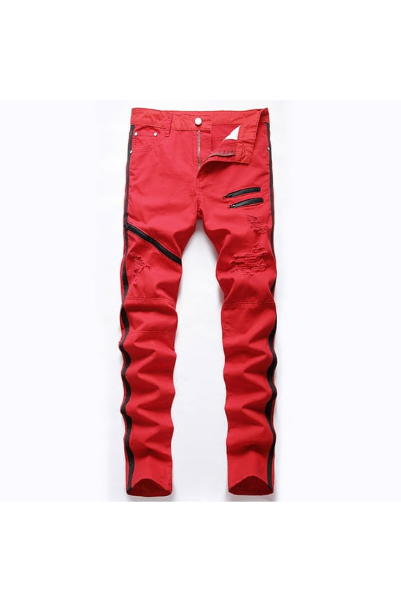 Men Ripped Jeans, Slim Fit Straight Leg Slim Fit Lounge Trousers, Denim Pants with Holes
