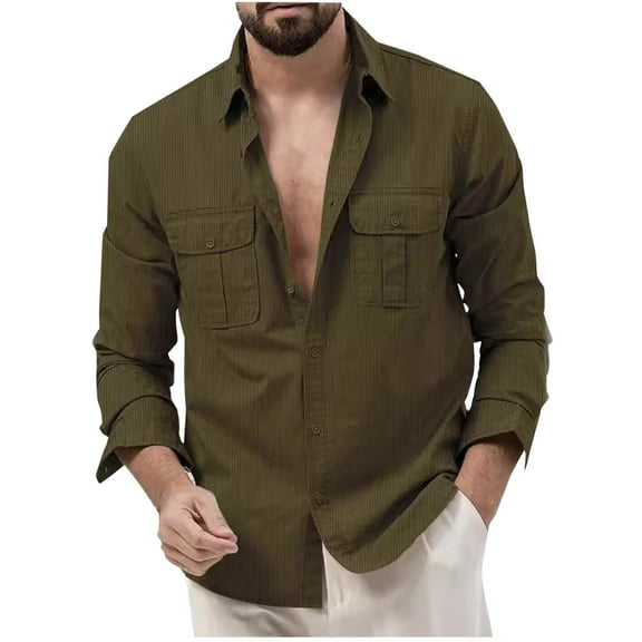 dzxyzu Men's Button up Shirt Casual Long Sleeve Shirt Lapel Solid Color CasualBeach Shirt with Double Pockets - Army Green
