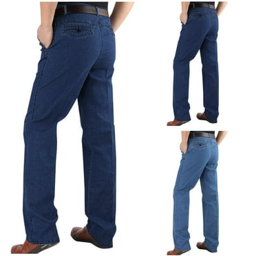 dzxyzu Men's Classic Relaxed Fit Jeans Casual Solid Zipper High Stretch Straight Leg High Waisted Denim Pants - Blue
