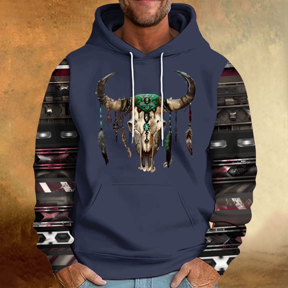 dzxyzu Men's Fashion Hoodies & Sweatshirts Casual Ethnic Style Printed Pullover Matching Color Long Sleeve Hooded Sweatshirts with Kangaroo Pocket