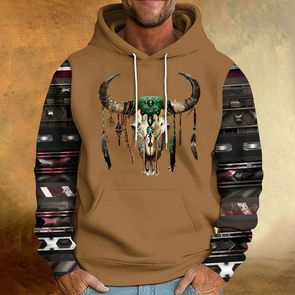 dzxyzu Men's Fashion Hoodies & Sweatshirts Casual Ethnic Style Printed Pullover Matching Color Long Sleeve Hooded Sweatshirts with Kangaroo Pocket