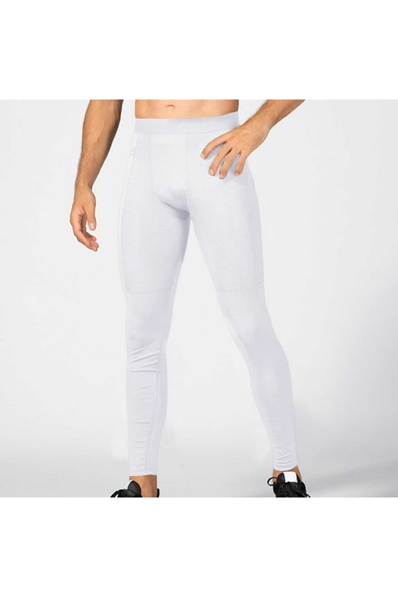 Men's Fitness Yoga Pants Compression Pants for Workout Sports Base Layer Running Pocket Tights Leggings White