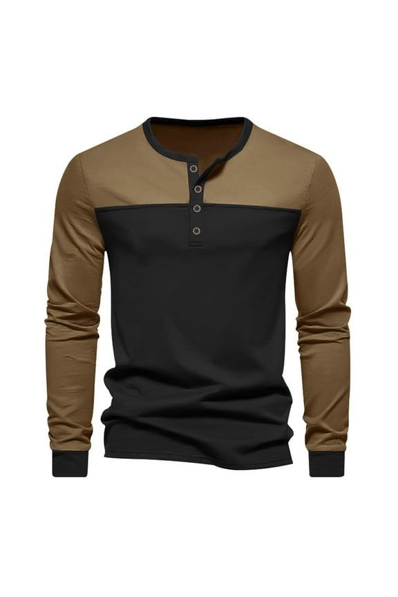 Men's Henley Shirts Long Sleeve Casual Retro Color Matching Tee Basic Lightweight T-Shirt
