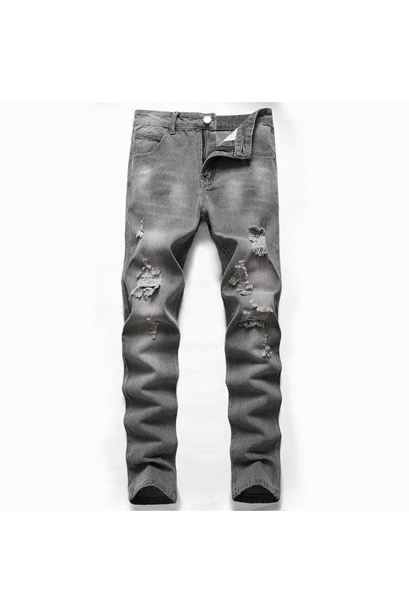 Men's Jeans Slim Fit Ripped Straight Leg Lounge Trousers Distressed Fashion Denim Pants