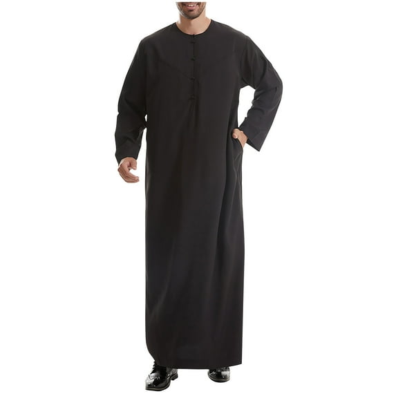 dzxyzu Men's Kaftan Thobe Muslim Robe Button Up Long Gown Kaftan Thobe with Pockets Mens Arab Thobe Long Sleeve Pocket Casual Robe 2024 Winter Saving