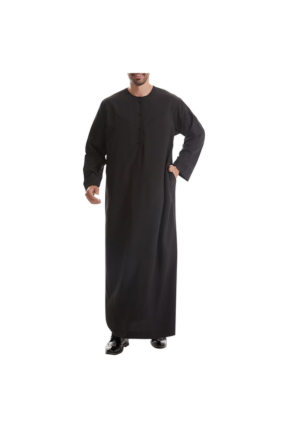 Men's Kaftan Thobe Muslim Robe Button Up Long Gown Kaftan Thobe with Pockets Mens Arab Thobe Long Sleeve Pocket Casual Robe 2024 Winter Saving