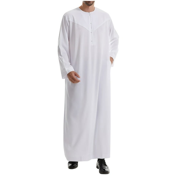 dzxyzu Men's Kaftan Thobe Muslim Robe Button Up Long Gown Kaftan Thobe with Pockets Mens Arab Thobe Long Sleeve Pocket Casual Robe 2024 Winter Saving