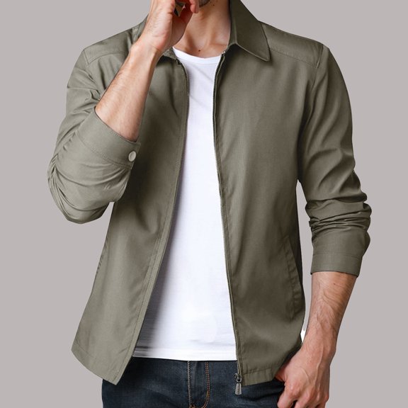 dzxyzu Men's Lightweight Zip Up Jackets Bomber Twill Jacket Casual Fall Winter Work Golf Outwear Solid Color Pockets Long Sleeve Standup Collar Outwear Coat 2024 Winter Saving