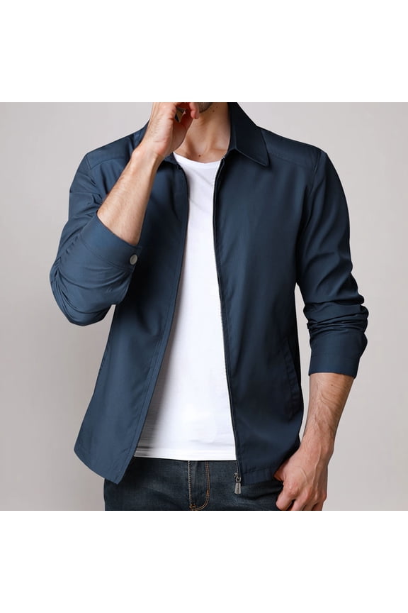 Men's Lightweight Zip Up Jackets Bomber Twill Jacket Casual Fall Winter Work Golf Outwear Solid Color Pockets Long Sleeve Standup Collar Outwear Coat 2024 Winter Saving