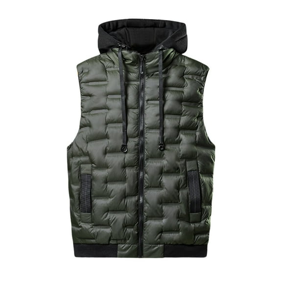 dzxyzu Men's Puffer Vest Casual Winter Hooded Vest Jacket With Pocket Solid Color Outdoor Vest Top Riding Skiing Fishing Puffer Sleeveless Vest Army Green