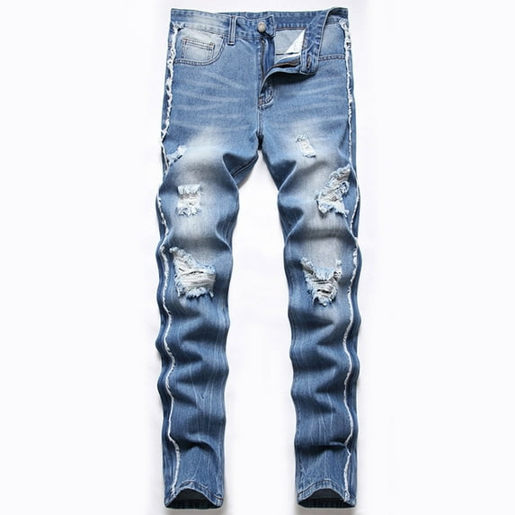 dzxyzu Men's Ripped Jeans Slim Fit Stretch Denim Pants Zipper Button Distressed Fashion Comfort Lounge Trousers