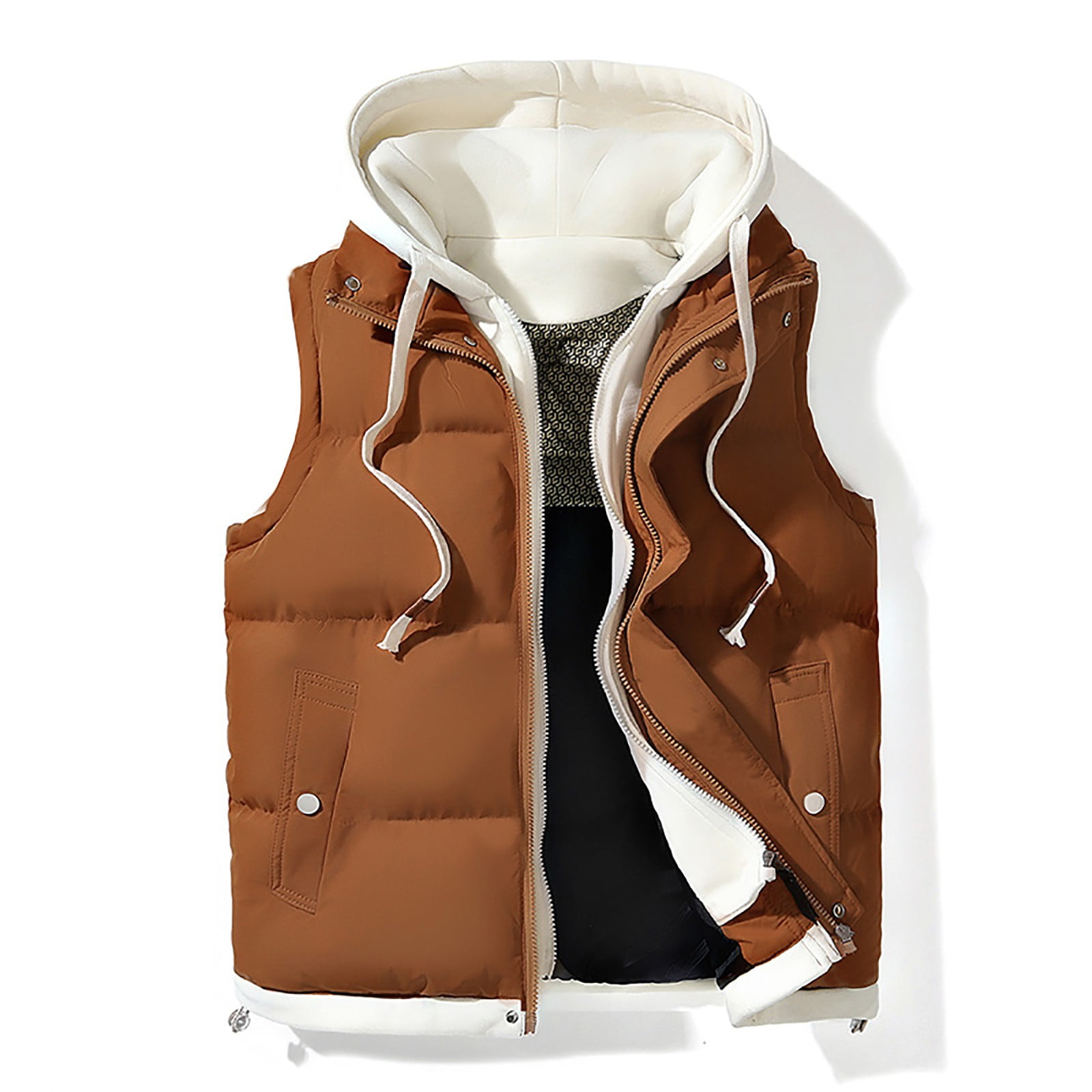 dzxyzu Men's Vest Lined Puffer Hooded Vest Outdoor Quilted Winter Vest Drawstring Waistcoat Sleeveless Hooded Cargo Jacket Padded Vest Sports Waistcoat Coat for Travel Hiking Running - Brown