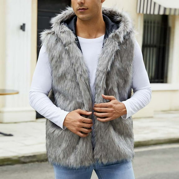 dzxyzu Men's Warm Faux Fur Hooded Waistcoat Short Vest Jacket Coat Sleeveless Outwear Winter Solid Coat Jacket Outdoor Photography Sports Jacket Coat - Gray