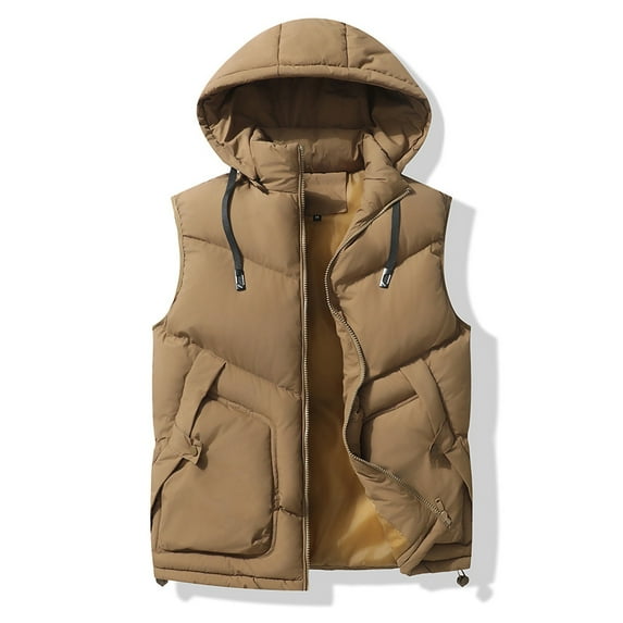 dzxyzu Men's Winter Hood Puffer Vest Sleeveless Warm Zipper Lightweight Jacket Vest Outdoor Thicken Vest Top Riding Skiing Fishing Waistcoat Jacket Brown