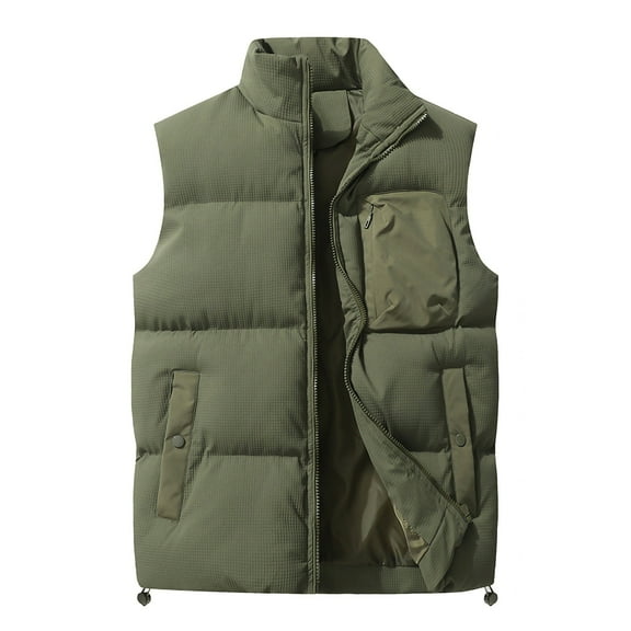 dzxyzu Men's Winter Stand Collar Vest Warm Padded Puffer Jacket Outdoor Full Zipper Coat Vest Top Riding Skiing Fishing Waistcoat Jacket Army Green