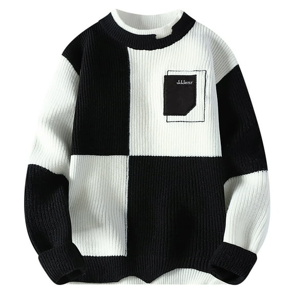 dzxyzu Mens Crewneck Sweater Color Block Knit Pullover Slim Fit Textured Knitwear Casual Long Sleeve Fall Winter Sweaters Tops