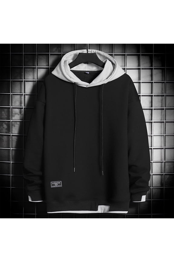 Mens Hoodies Pullover Fall Winter Casual Long Sleeve Drawstring Knitting Cotton Color Block Hooded Sweatshirt with Kanga Pocket