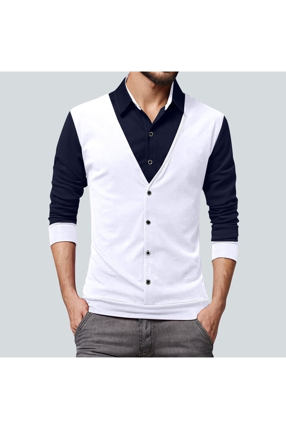 Mens Lapel Shirts Fashion Fake Two-Piece Vest Shirts Dress Business Suit Long Sleeve Undershirts Fall Casual Tops Loose Fit