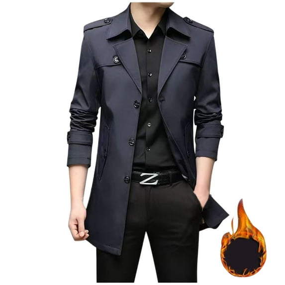dzxyzu Mens Mid Long Trench Coat Fashion Plus Velvet Solid Color Zipper Pocket Long Workwear Fall Winter Single Breasted Pea Coat Casual Business Warm Overcoat 2024 Winter Saving