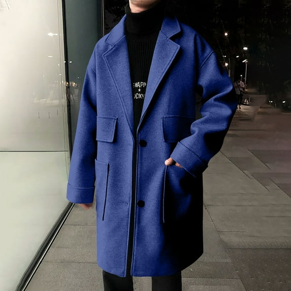 dzxyzu Mens Pea Coat Casual Notched Collar Solid Color Single Breasted Winter Warm Windbreaker Classic Long Trench Top Coat 2024 Winter Saving