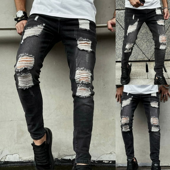 dzxyzu Mens Ripped Jeans, Irregular Buttons Zippers Trousers, Slim Fit Straight Leg Denim Pant with Holes