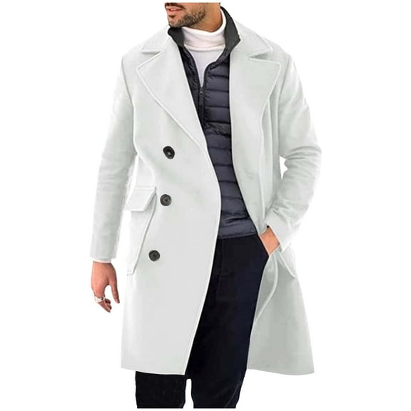dzxyzu Mens Trench Coat Notch Lapel Double Breasted Belted Pea Coat Solid Mid Long Outwear Classic Casual Winter Warm Overcoat 2024 Winter Saving