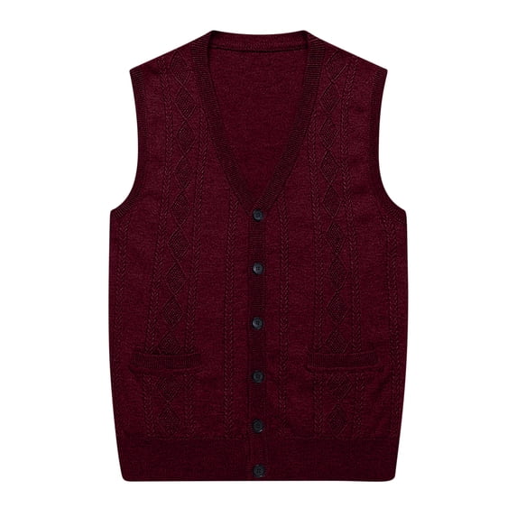 dzxyzu Mens V Neck Knit Vest Casual Pockets Outerwear Vest Sleeveless Irish Cable Cardigan Sweater with Buttons Warm Wool Loose Twist Flower Shirt Waistcoat Coat - Wine