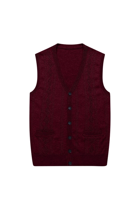 Mens V Neck Knit Vest Casual Pockets Outerwear Vest Sleeveless Irish Cable Cardigan Sweater with Buttons Warm Wool Loose Twist Flower Shirt Waistcoat Coat - Wine