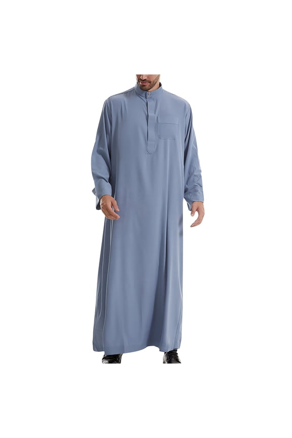 Muslim Thobe for Men Kaftan with Pockets Button Down Long Gown Men's Arab Thobe Long Sleeve Neck Pocket Casual Robe 2024 Winter Saving