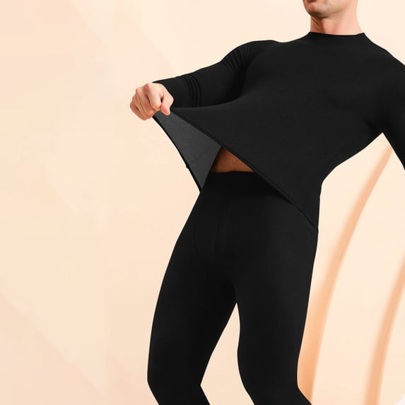 dzxyzu Thermal Underwear Set for Men Long Johns with Fleece Lined Ultra Soft Base Layers Top & Bottom Warm Padded Plus Velvet Cashmere Home Clothes Fall Winter Bottoming Suit -Black