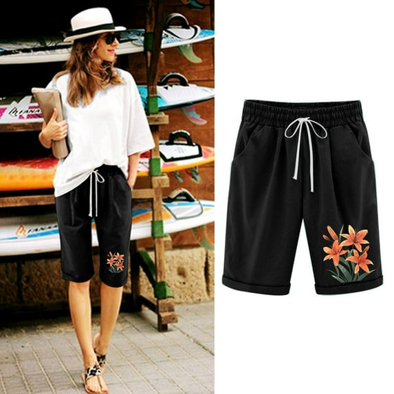 dzxyzu Women's Elastic Waist Printing Drawstring Shorts Activewear Womens Leggings Yoga Leggings High Waist Black