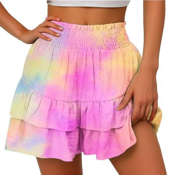 dzxyzu Women's Summer Solid Color High Waisted Shorts With Floral Pleated Hem Casual Shorts Athletic Leggings For Women High Waisted Capri Leggings For Women