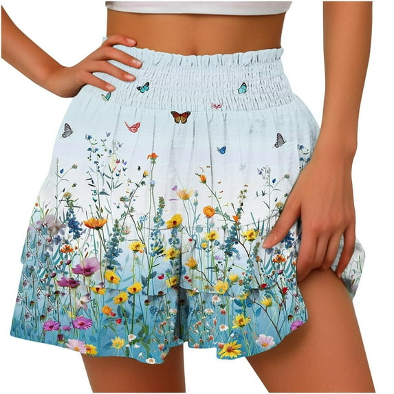 dzxyzu Women's Summer Solid Color High Waisted Shorts With Floral Pleated Hem Casual Shorts High Waist Leggings For Women Butt Lift Running Leggings For Women