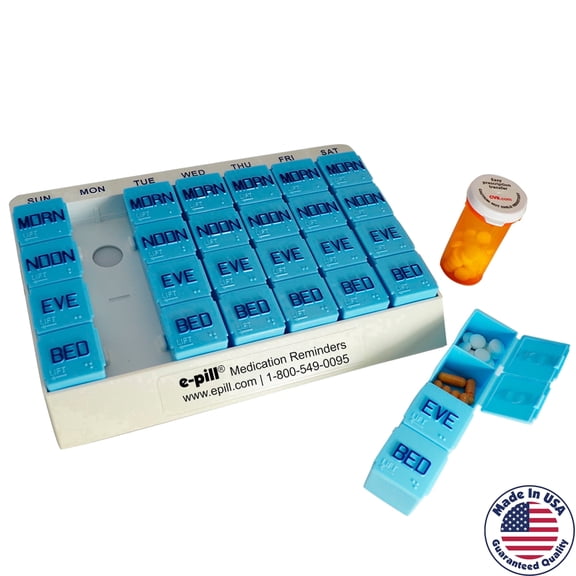 e-pill Portable Large Four-a-Day Weekly Pill Organizer Set with Pillbox Tray, Blue
